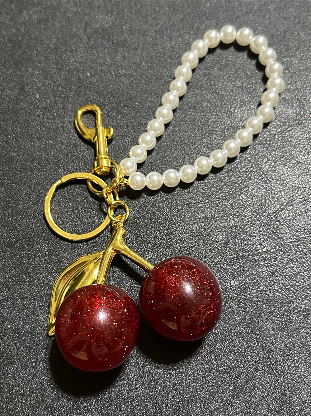 Cherry Gold Tone Key Chain / Bag Charm With Faux Pearl Wrist Strap